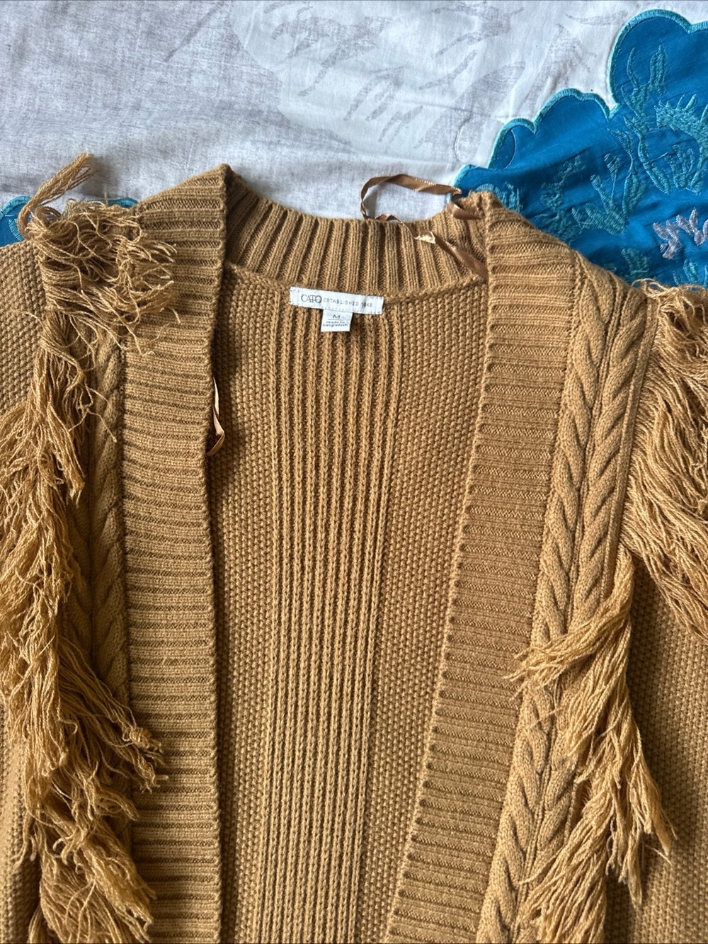 Cato Mustard Fringe Cable Knit Open Cardigan
